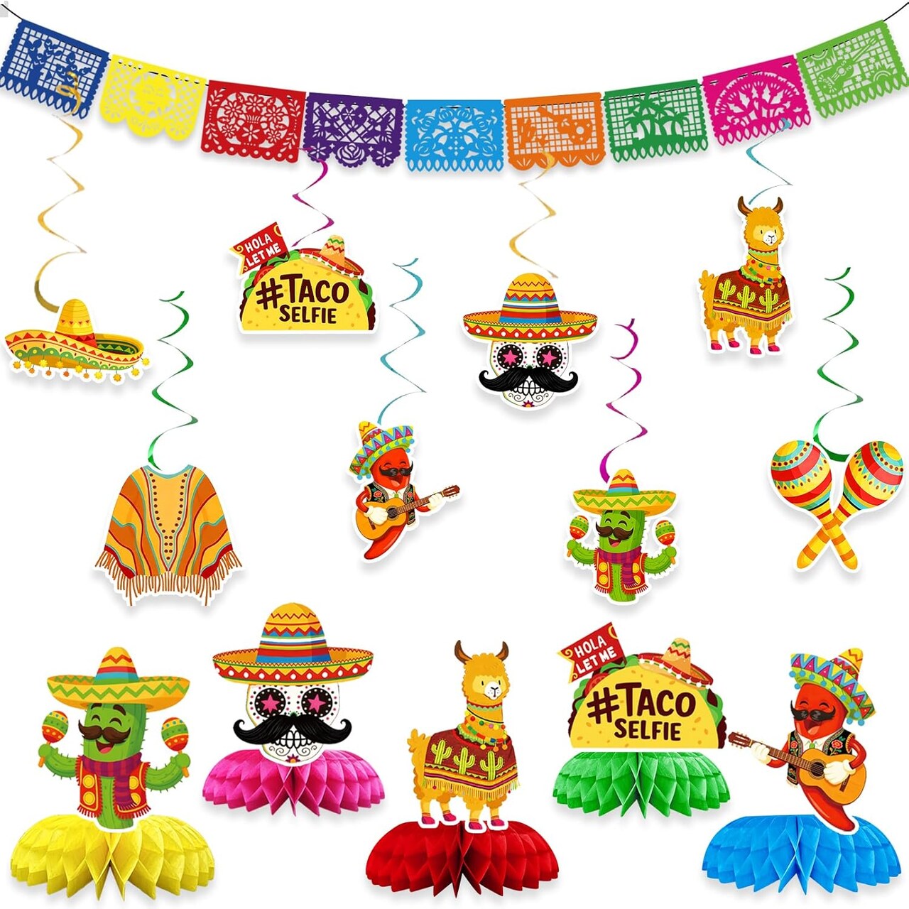 Fiesta Party Decorations Set – Plastic Papel Picado Banner, Hanging Swirls & Honeycomb Centerpieces – Cinco de Mayo Mexican Theme Party Supplies for Taco Party, Birthday & Day of the Dead Decor – Perfect for Mother's Day Card Making Displays